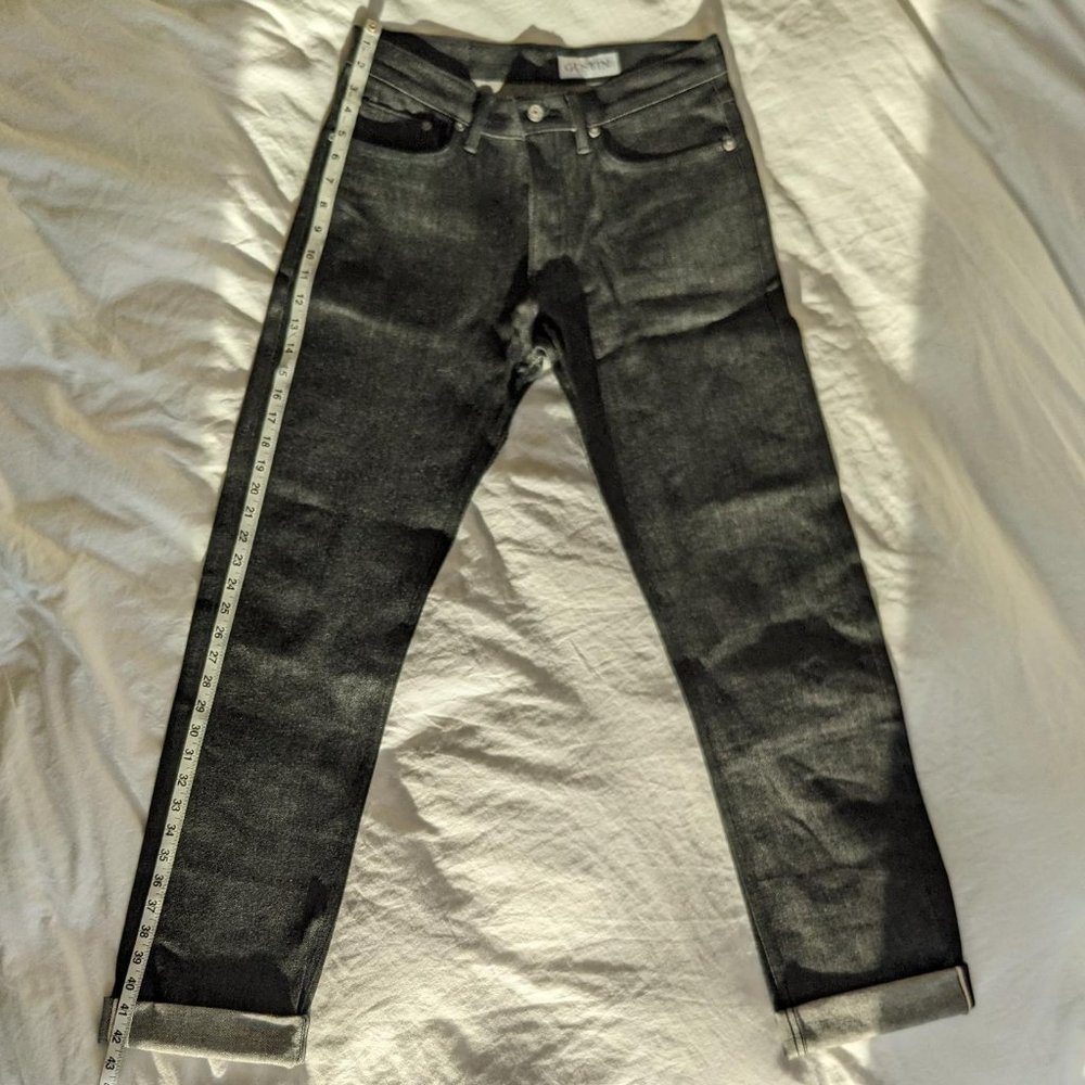 Gustin 33 straight leg black stretch Cone Mills selvedge denim jeans